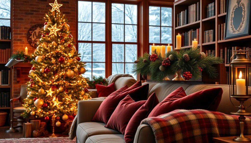 A cozy living room, illuminated by the warm glow of a crackling fireplace. In the foreground, an elegant Christmas tree adorned with twinkling lights, ornaments, and a charming star topper. On the mantel, a lush garland intertwined with red berries and pinecones. Plush, jewel-toned velvet pillows and a soft, plaid throw blanket grace the comfortable sofa. Antique brass candlesticks and a vintage-inspired lantern provide soft, ambient lighting. In the background, bookshelves filled with well-worn volumes and a stunning, oversized window that frames a snowy winter landscape, creating a serene and inviting atmosphere.