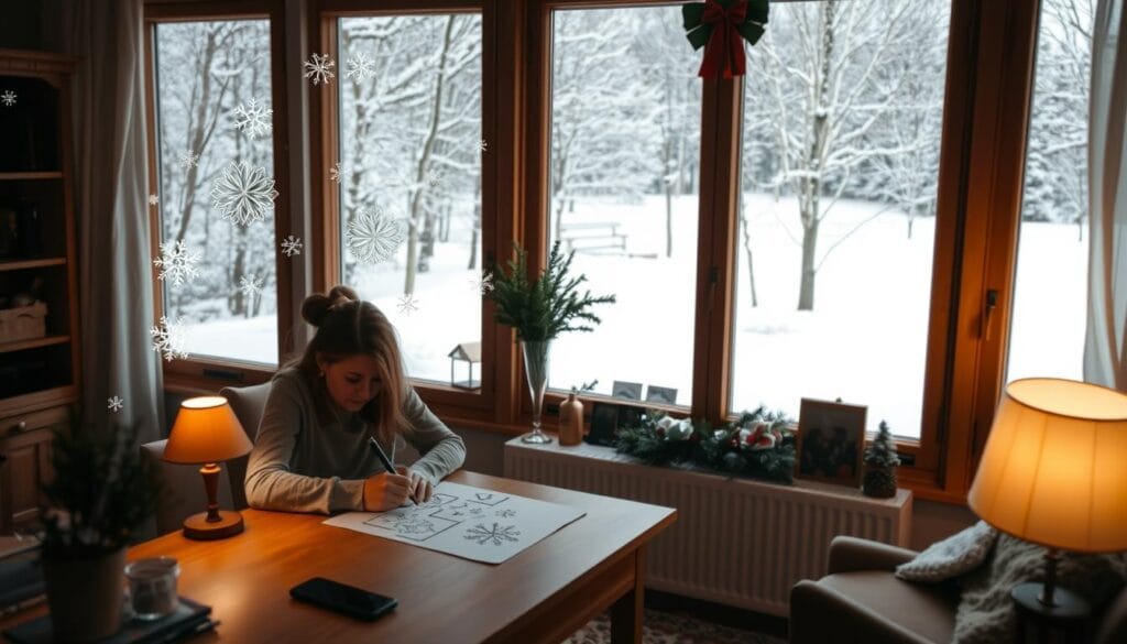A cozy living room interior with a large window overlooking a snowy winter landscape. In the foreground, a person is sitting at a wooden desk, intently sketching designs on a sheet of paper. Soft lighting from a nearby lamp casts a warm glow, highlighting the details of the window drawings - whimsical snowflakes, icy patterns, and delicate holly leaves. The middle ground features thoughtfully placed decorative elements, such as a vase of fresh evergreen sprigs and a few holiday trinkets. In the background, the outside world is visible through the glass, with a blanket of pristine white snow covering the trees and ground. An atmosphere of peaceful creativity and festive inspiration permeates the scene.