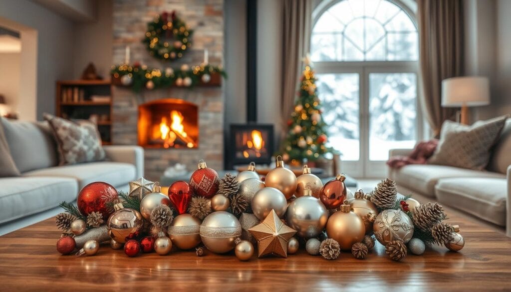 A cozy living room scene with a festive arrangement of holiday ornaments on a wooden coffee table. In the foreground, a mix of glass, metallic, and wooden ornaments in various shapes, sizes, and colors are artfully grouped together, reflecting the warm glow of a crackling fireplace in the background. The middle ground features plush, neutral-toned sofas and armchairs, while the background showcases a large window framing a snowy winter landscape. The lighting is soft and inviting, creating a sense of holiday cheer and tranquility. Captured with a wide-angle lens to provide a comprehensive view of the living space.