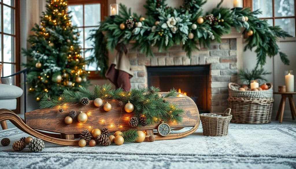 A cozy living room showcases a creative display of repurposed holiday decorations. In the foreground, a vintage sled adorned with garlands and fairy lights serves as a rustic centerpiece. Scattered around it are clusters of ornaments, pinecones, and dried citrus slices nestled in woven baskets. The middle ground features a fireplace mantel draped with a lush evergreen garland, accented with metallic accents and a mix of natural elements like berries and eucalyptus. Soft, warm lighting filters through the room, casting a magical glow and creating an inviting, festive atmosphere. The background hints at a winter wonderland outside, with snow-dusted windowpanes and the gentle flicker of candlelight.