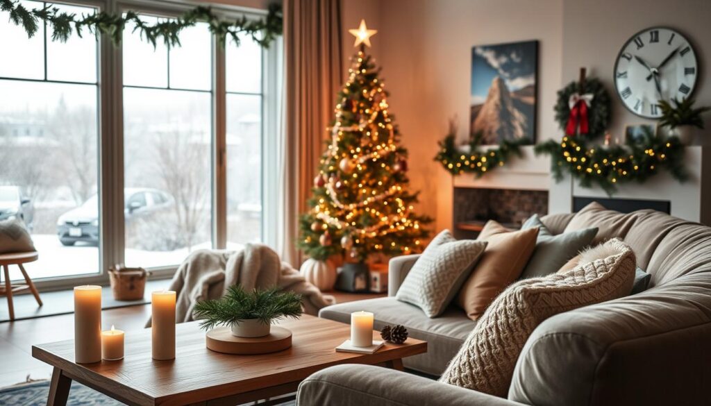 A cozy living room transitioning from festive Christmas decor to minimalist winter charm. In the foreground, a plush velvet sofa is adorned with a soft knitted throw and decorative pillows in muted tones. Candles flicker on a wooden coffee table, casting a warm glow. The middle ground features a tall, slender Christmas tree, its ornaments and lights gradually replaced by simple birch branches and pinecones. In the background, large windows overlooking a snowy landscape let in soft, diffused natural light. Hints of greenery, such as evergreen garlands and potted plants, bridge the gap between the seasons, creating a harmonious, serene atmosphere.
