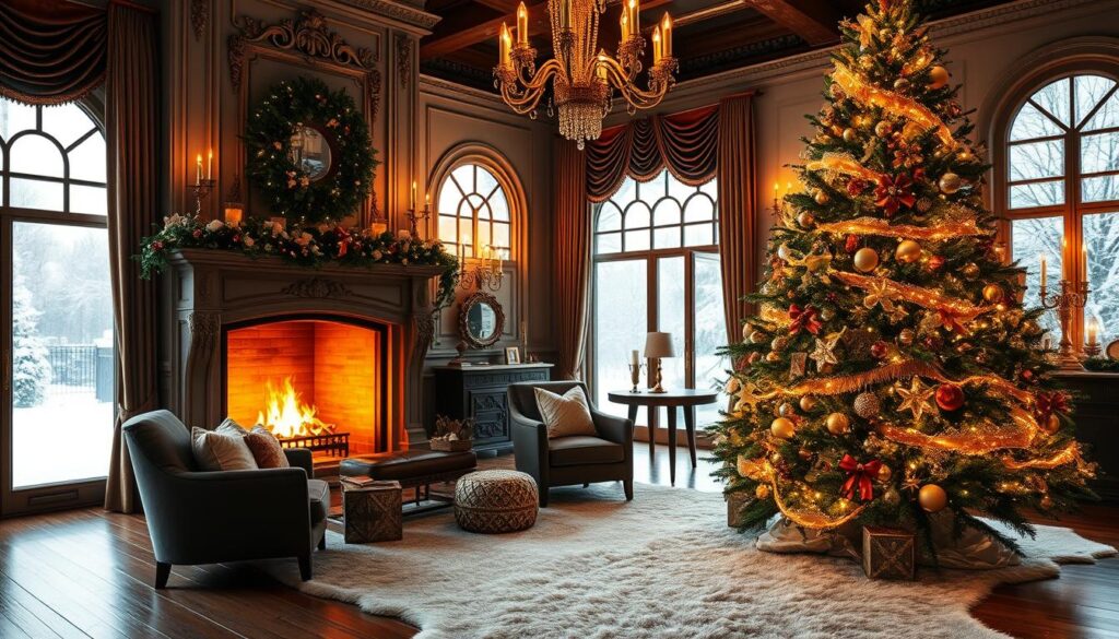 A cozy living room with a grand, ornate fireplace and a beautifully decorated Christmas tree in the foreground. Warm, soft lighting casts a golden glow, creating a inviting, elegant atmosphere. Mid-ground features luxurious velvet armchairs, plush throw pillows, and a fur rug. In the background, floor-to-ceiling windows reveal a snowy winter landscape outside. Antique gold and crystal accents, along with lush greenery and flickering candles, add to the designer's touch of holiday inspiration.