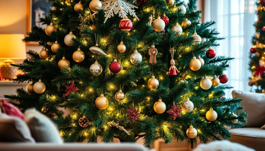 A cozy living room with a lush, full-bodied Christmas tree adorned with a variety of ornaments. The ornaments are a mix of traditional and modern designs, including shimmering glass balls, wooden figurines, and twinkling LED lights. The tree is illuminated by a warm, soft glow, casting a festive ambiance throughout the space. The ornaments are positioned thoughtfully, creating a visually striking and harmonious display that draws the eye and evokes a sense of holiday cheer. The room is framed by plush furniture, warm textures, and subtle holiday decor, creating a inviting and comfortable atmosphere.
