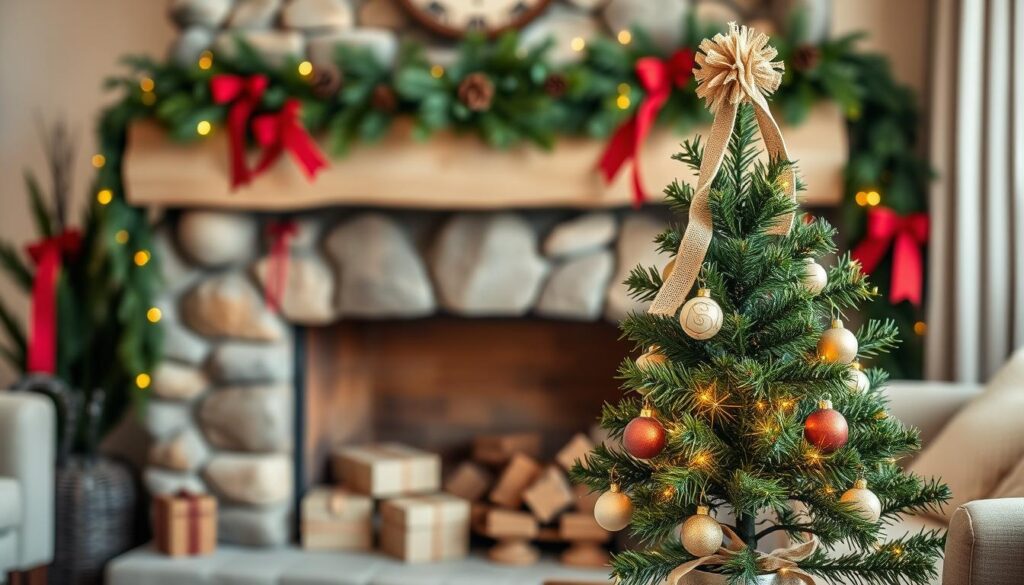 A cozy living room with a rustic stone fireplace and mantel adorned with lush evergreen garlands, pinecones, and festive red ribbons. In the foreground, a charming DIY tabletop Christmas tree decorated with twinkling fairy lights, handmade ornaments, and a natural burlap tree topper. Soft, warm lighting casts a glow throughout the scene, creating a serene and inviting atmosphere. The overall composition emphasizes the natural, homemade feel of the decor, perfectly capturing the essence of a homely, Christmas-ready space.