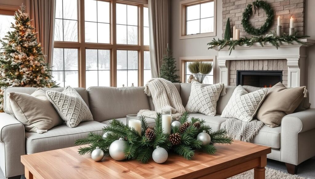A cozy living room with a smooth transition from festive Christmas decor to a serene winter aesthetic. In the foreground, a plush sofa adorned with chunky knit throws and pillows in muted tones of white, gray, and taupe. On the coffee table, a centerpiece of pine branches, pinecones, and delicate glass ornaments. In the middle ground, a grand fireplace mantel decorated with a garland of evergreens, candles, and minimalist winter figurines. The background features large windows overlooking a snowy landscape, allowing natural light to filter in and create a warm, inviting ambiance. The overall mood is one of coziness, relaxation, and a subtle shift from the holiday season into the tranquil embrace of winter.