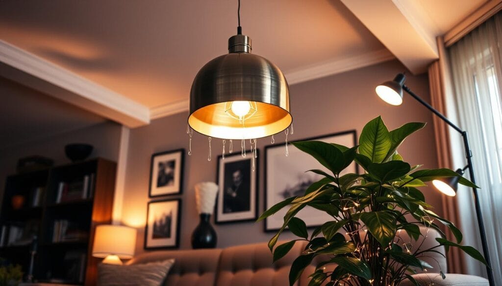 A cozy living room with a sophisticated mix of modern and vintage lighting fixtures. Warm, ambient lighting emanates from a brushed metal pendant lamp with a geometric design, casting a soft glow over the space. Recessed spotlights strategically illuminate wall art and bookshelves, while a pair of sleek, adjustable floor lamps flank a plush, tufted sofa. Delicate, cascading fairy lights drape over a large houseplant, adding a touch of whimsy. The overall effect is a harmonious balance of form and function, creating a welcoming and inviting atmosphere.