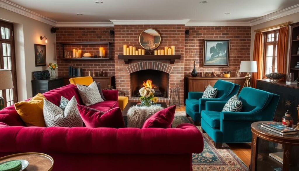 A cozy living room with a warm and inviting color palette. In the foreground, a plush, overstuffed sofa in a rich burgundy hue is positioned invitingly. Surrounding it are jewel-toned velvet armchairs in emerald and sapphire blue. Soft, textured throw pillows in earthy tones of ochre and terracotta add depth and dimension. In the middle ground, a large, ornate area rug in muted shades of mustard and olive green anchors the space. The background features a brick fireplace with a mantle adorned with clusters of pillar candles, casting a gentle, flickering glow. Subtle hints of brass and copper accents throughout the room add a touch of metallic warmth. The overall lighting is soft and diffused, creating a cozy, inviting ambiance.