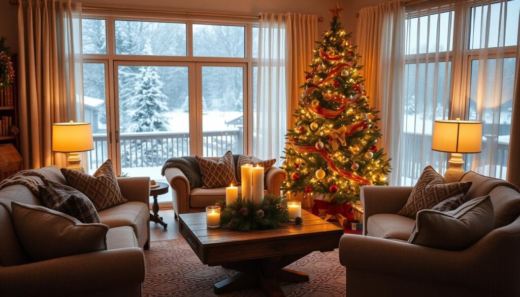 A cozy living room with a warm, inviting atmosphere. In the foreground, a lush, well-decorated Christmas tree adorned with twinkling lights, ornaments, and a classic star topper. Surrounding the tree, a plush, comfortable sofa and armchair arrangement, adorned with festive throw pillows and blankets. In the middle ground, a rustic wooden coffee table with a centerpiece of candles, pinecones, and other natural holiday accents. Framing the scene, large windows overlooking a snowy winter wonderland, with sheer curtains softly billowing. The lighting is a mix of ambient lighting from the tree and strategically placed lamps, creating a cozy, intimate glow. The overall mood is one of holiday cheer, comfort, and a sense of togetherness.