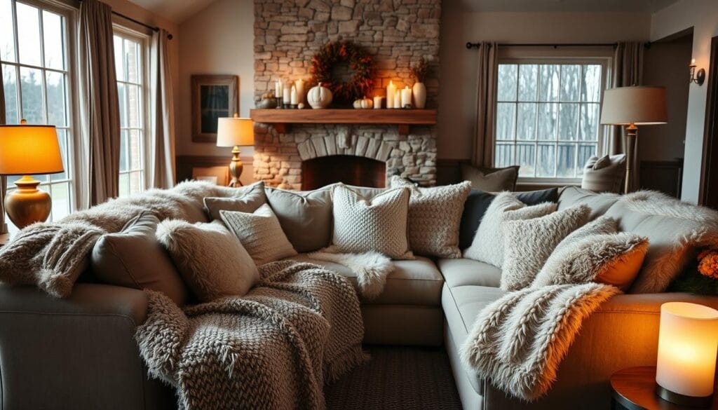A cozy living room with plush, inviting throws and pillows. In the foreground, a large sectional sofa is adorned with soft, textured throws in neutral tones of beige, gray, and ivory. Decorative pillows in various patterns and materials, such as velvet, chunky knits, and faux fur, add layers of coziness. Warm, indirect lighting from table lamps and floor lamps creates a soothing, intimate atmosphere. In the background, a stone or brick fireplace mantel is accented with candles and autumnal decor, while large windows let in natural light and views of the outdoors. The overall scene evokes a sense of comfort, relaxation, and the inviting essence of an autumn-inspired, cozy living space.