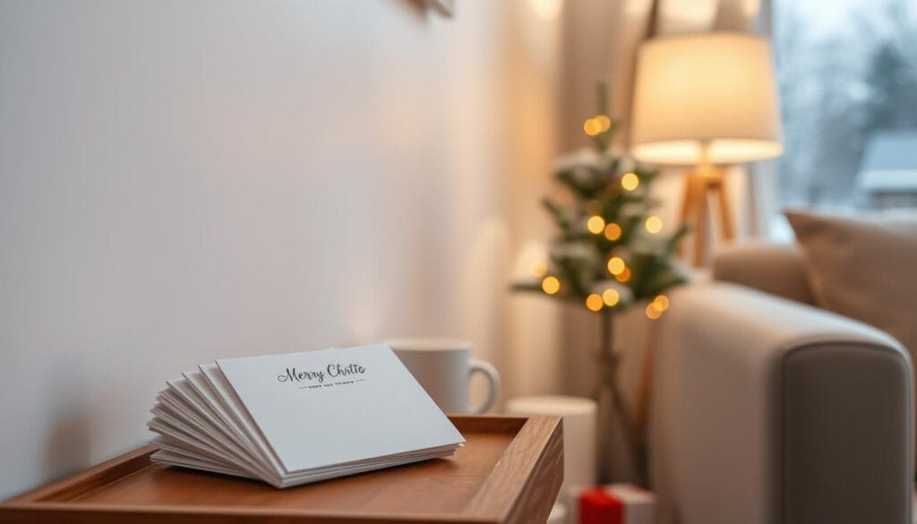 A cozy, minimalist holiday display in a small living space. In the foreground, a neatly arranged cluster of classic Christmas cards with a delicate paper texture, nestled on a wooden side table or floating shelf. The middle ground features a modest, meticulously decorated tabletop tree, its branches adorned with a string of warm, twinkling lights. The background showcases a muted, natural palette - perhaps a neutral-toned wall or a glimpse of a snowy outdoor scene through a window, creating a serene, hygge-inspired ambiance. Soft, diffused lighting emanates from a nearby lamp, casting a gentle, golden glow over the entire vignette. The overall composition exudes a sense of holiday cheer in a compact, intentionally curated manner.