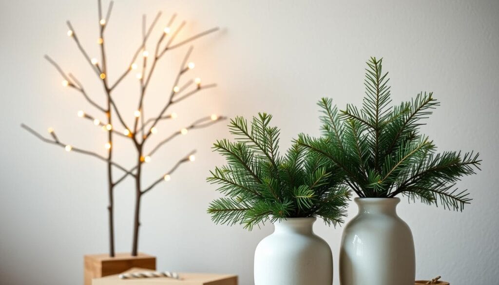 A cozy, minimalist holiday scene with a simple, elegant tree adorned with delicate string lights, casting a warm, golden glow. In the foreground, a pair of white ceramic vases filled with fresh evergreen sprigs, their verdant hues complementing the neutral palette. In the background, a muted, textured wall, lending a serene, uncluttered atmosphere. The lighting is soft and diffused, creating a tranquil, contemplative mood. The overall composition emphasizes clean lines, natural materials, and a sense of understated sophistication, perfectly capturing the essence of minimalist holiday style.