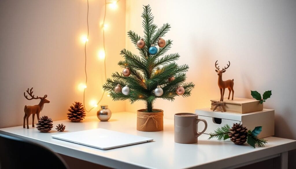 A cozy, minimalist holiday workspace with a small Christmas tree, string lights, and delicate ornaments adorning a simple desk. The lighting is soft and warm, casting a gentle glow over the scene. Pinecones, a mug of hot cocoa, and a few sprigs of holly add natural touches, while a lone reindeer figurine stands as a whimsical accent. The overall atmosphere is one of festive cheer and productivity, inviting the viewer to imagine themselves in this serene, yet cheerful, office setting.