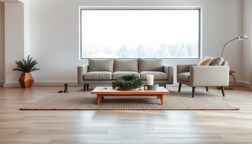 A cozy, minimalist living room with a balanced, harmonious arrangement. In the foreground, a sleek, neutral-toned sofa and armchair create a focal point. Placed atop a simple, natural fiber rug, their clean lines and understated elegance set the tone. In the middle ground, a low, wooden coffee table holds a few carefully curated holiday touches - a small, lush evergreen wreath, a single pillar candle, and a small, sculptural object. Indirect, warm lighting from hidden sources casts a soft, inviting glow, while the background features plain, white walls and a large window overlooking a snowy, serene landscape. An atmosphere of calm, refined sophistication pervades the scene, embodying the essence of "minimalist holiday balance."