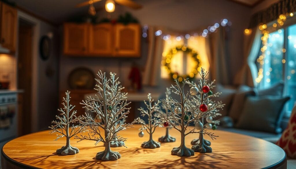 A cozy mobile home interior, bathed in warm, soft lighting. In the foreground, a small table showcases a collection of meticulously crafted miniature trees, their delicate branches adorned with intricate details. Textures of bark, leaves, and tiny ornaments bring these diminutive creations to life. The middle ground features a neatly arranged display of DIY holiday decor, complementing the miniature trees. Subtle shadows and highlights accentuate the depth and dimensionality of the scene. In the background, a glimpse of a festive mobile home exterior, with twinkling lights and a sense of holiday cheer. The overall atmosphere is one of homemade charm, inviting the viewer to imagine the creativity and personalization that transforms this mobile home into a unique, welcoming space.