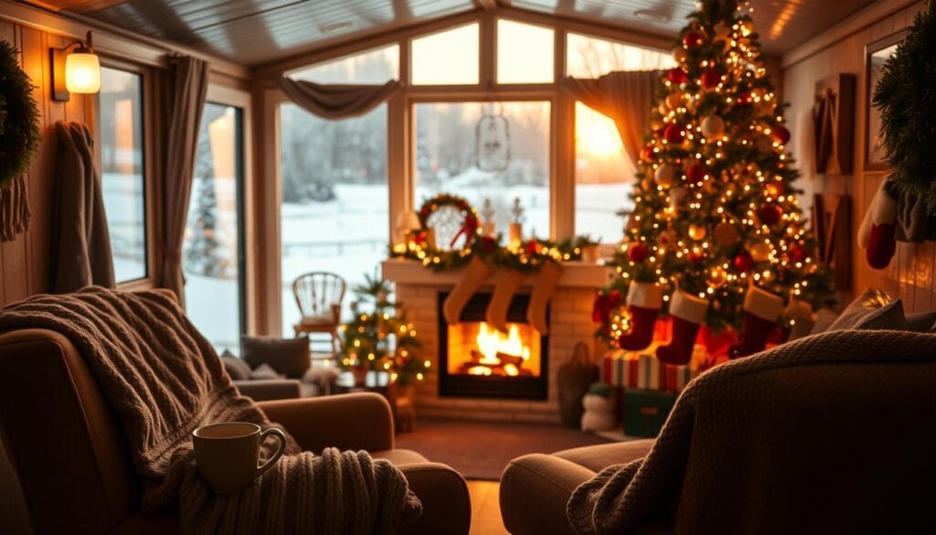 A cozy mobile home interior, warm festive lighting illuminating a rustic living room scene. In the foreground, a plush armchair draped with a knitted blanket, a steaming mug of hot cocoa on a side table. In the middle ground, a grand Christmas tree adorned with twinkling lights, ornaments, and handmade decorations. Flanking the tree, stockings hung above a crackling fireplace, casting a soft glow. The background features a large window, framing a snowy winter landscape outside, bathed in a golden sunset. An atmosphere of comfort, nostalgia, and holiday cheer permeates the space.