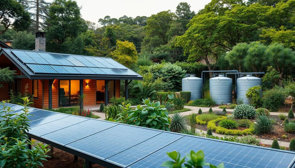 A cozy, modern home nestled in a lush, sustainable landscape. In the foreground, solar panels seamlessly integrated into the roof, capturing the sun's energy. Surrounding the home, a well-designed permaculture garden thrives, showcasing the principles of edible landscaping. The middle ground features a serene rainwater harvesting system, its sleek cisterns blending harmoniously with the home's architecture. In the background, a verdant canopy of native trees and shrubs provides shade and enhances the home's thermal efficiency. Soft, diffused lighting illuminates the scene, creating a warm, inviting atmosphere that embodies the essence of sustainable home design.