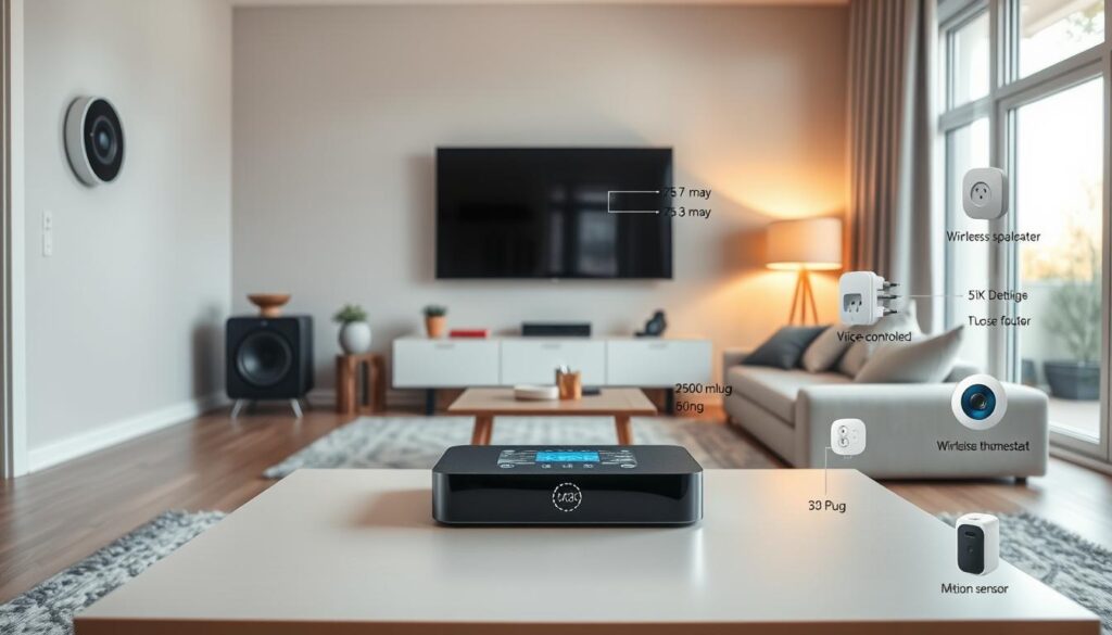 A cozy, modern living room filled with smart home technologies. In the foreground, a sleek, minimalist coffee table with a digital display and voice-controlled smart home hub. Behind it, a large flatscreen TV and a pair of wireless speakers seamlessly integrated into the wall. The middle ground features a standing lamp with a warm, adjustable glow, and a programmable thermostat blending seamlessly with the decor. In the background, large windows let in natural light, illuminating a series of smart plugs, motion sensors, and a voice-controlled virtual assistant. The overall atmosphere is one of convenience, efficiency, and sustainable living.