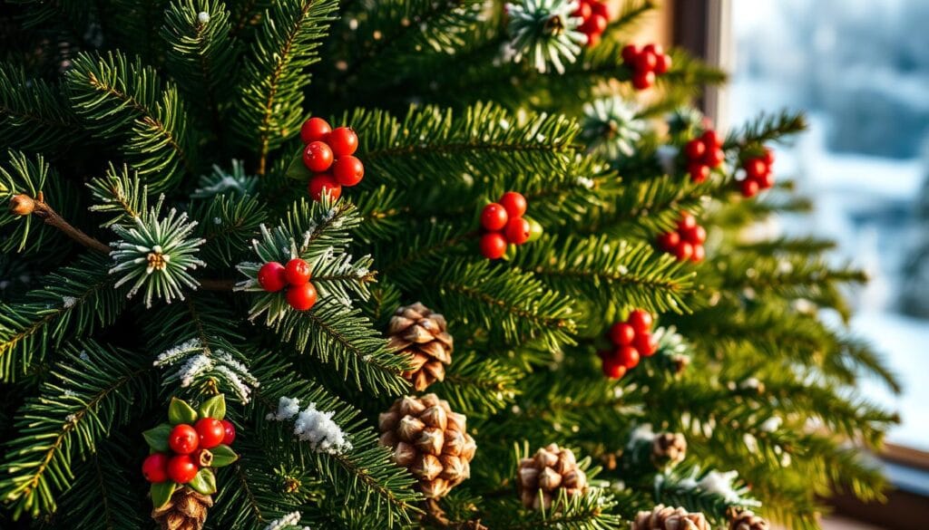 A cozy, natural winter greenery arrangement, featuring an assortment of lush, evergreen foliage. In the foreground, a cluster of fresh pine branches, their needles glistening with a light dusting of snow. Intertwined with the pine, delicate sprigs of holly, their vibrant red berries adding pops of color. In the middle ground, a sprinkling of pinecones, some partially covered in frost, create a textural contrast. Backdropped by a soft, out-of-focus winter landscape, the arrangement is illuminated by warm, natural lighting, casting a gentle glow and creating a sense of tranquility and comfort. The overall mood is one of rustic elegance, perfectly capturing the essence of incorporating natural elements into a Christmas-inspired decor.