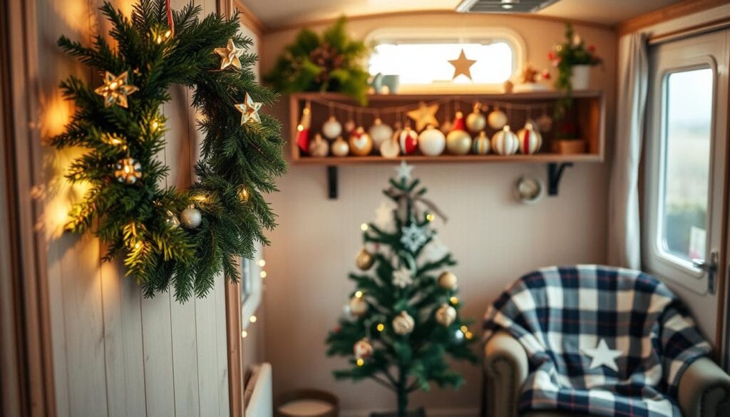A cozy nook in a mobile home, adorned with a variety of DIY holiday decorations. In the foreground, a handcrafted evergreen wreath hangs on the wall, its lush greenery accentuated by warm string lights. On a rustic wooden shelf, a collection of homemade ornaments in various shapes and colors sparkle under soft, diffused lighting. In the middle ground, a small tabletop Christmas tree stands, its branches adorned with homemade paper snowflakes and ribbons. The background features a warm, inviting atmosphere, with a plaid blanket draped over a cozy armchair, creating a welcoming and festive scene.