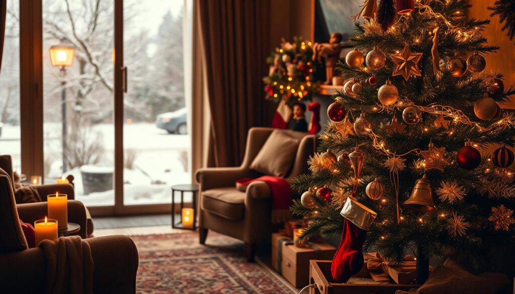 A cozy, nostalgic Christmas scene bathed in warm, golden light. In the foreground, a vintage-inspired Christmas tree adorned with glowing candles, glass ornaments, and delicate tinsel. Surrounding it, a collection of heirloom holiday decorations - hand-painted wooden figurines, a worn red velvet stocking, and a tarnished silver bell. In the middle ground, a crackling fireplace casts a soft, flickering glow, while plush armchairs and a thick, patterned rug create an inviting, intimate atmosphere. In the background, a snow-covered landscape visible through a frosty window, with a lone streetlamp casting a gentle glow. The overall mood is one of tranquility, timelessness, and the cherished traditions of a bygone era.