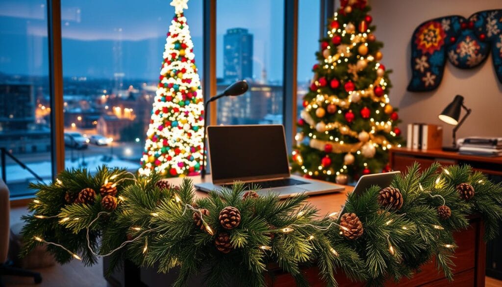 A cozy office space adorned with a dazzling array of festive lights and ornaments. In the foreground, a lush garland of evergreen twigs, pine cones, and twinkling fairy lights draped across a sturdy wooden desk. In the middle ground, a towering Christmas tree shimmering with a cascade of multicolored bulbs, tinsel, and delicate glass ornaments. The background features a panoramic window overlooking a snow-dusted cityscape, with the night sky aglow with the warm radiance of street lamps and distant holiday displays. The overall atmosphere is one of enchantment and holiday cheer, creating an inviting and festive ambiance for the workspace.