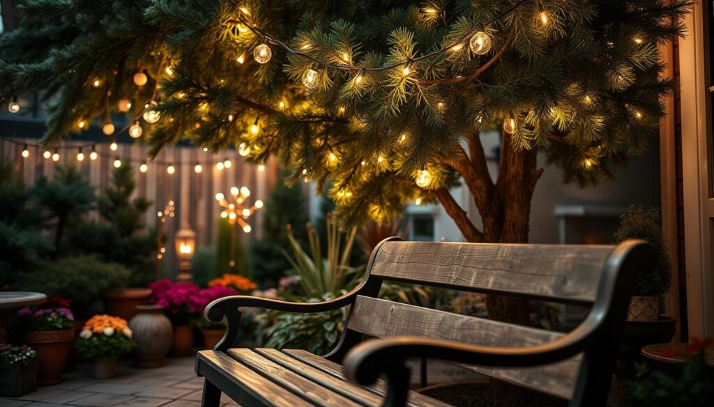 A cozy outdoor scene featuring an array of sustainable LED string lights gracefully draped across a lush evergreen tree. The soft, warm glow illuminates the surrounding garden, where a variety of potted plants and flowers add pops of color. In the foreground, a weathered wooden bench invites guests to sit and admire the serene, nature-inspired holiday display. The overall atmosphere is one of tranquility and environmental consciousness, complemented by the gentle play of light and shadow. The camera captures the scene from a low, intimate angle, emphasizing the welcoming and inviting nature of this sustainable outdoor holiday lighting setup.