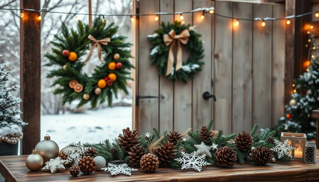 A cozy outdoor scene showcasing an assortment of handmade Christmas decorations. In the foreground, a rustic wooden table displays an array of ornaments, pinecone garlands, and homemade snowflakes. In the middle ground, a lush evergreen wreath adorned with ribbons and dried citrus slices hangs on a weathered barn door. In the background, a glistening snow-covered landscape is illuminated by the warm glow of twinkling string lights strung across the scene. The lighting is soft and natural, creating a inviting and festive atmosphere. A sense of DIY charm and holiday cheer permeates the composition.
