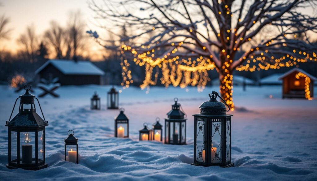 A cozy outdoor winter scene with an array of warm, inviting lighting. In the foreground, a cluster of elegant lanterns casting a soft, flickering glow onto a fresh layer of snow. In the middle ground, delicate strings of fairy lights draped across tree branches, creating a magical, twinkling canopy. The background features a serene, snow-covered landscape, with a distant cabin or shed silhouetted against a pastel sky. The overall atmosphere is one of tranquility and winter wonder, inviting the viewer to linger and soak in the peaceful ambiance.