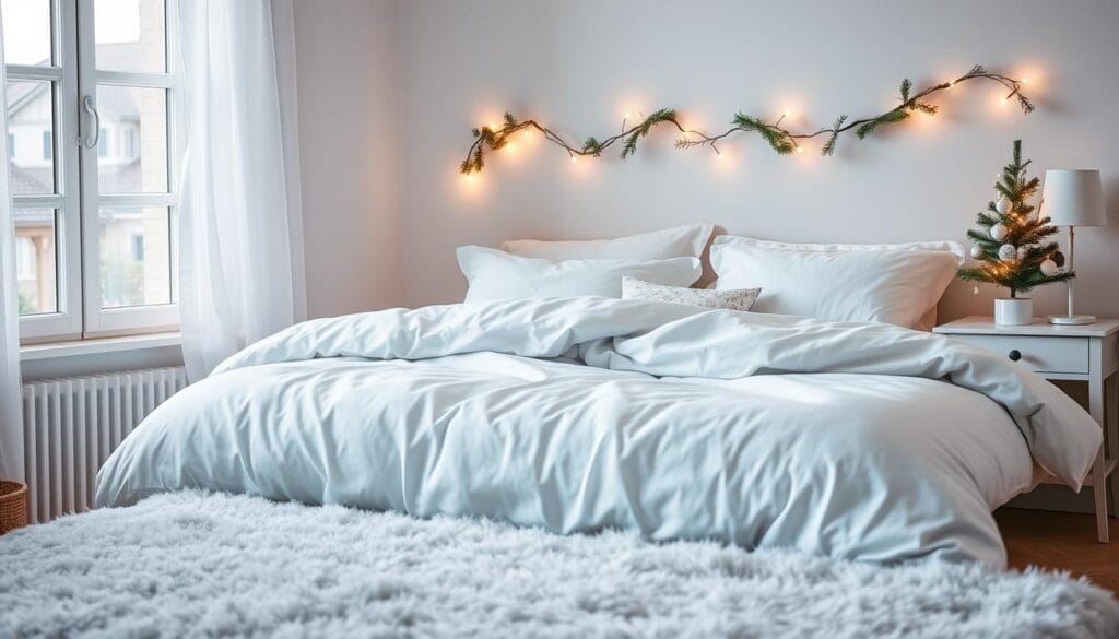 A cozy, pastel-hued bedroom scene with a plush, white bedding set and a mix of Christmas decor accents. Soft lighting from a nearby window casts a warm glow, highlighting delicate garlands of greenery and twinkling string lights draped along the headboard. On the nightstand, a small tabletop Christmas tree adorned with delicate ornaments and fairy lights. In the foreground, a plush rug in a soft, powdery blue tone completes the serene, holiday-inspired ambiance. The overall aesthetic is muted, calming, and inviting, perfect for a festive yet relaxing bedroom retreat.