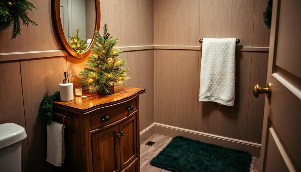 A cozy powder room adorned with festive holiday decor. In the foreground, a small vanity with a rustic wooden top and ornate brass hardware. Atop it, a miniature Christmas tree twinkles with warm string lights, surrounded by fragrant evergreen sprigs and a scattering of pinecones. The mirror above reflects the festive scene, casting a soft, inviting glow. In the middle ground, a plush, oversized bath mat in a deep forest green anchors the space, complemented by a fluffy white towel draped over a towel rack. The background features earthy, textured wall paneling in muted tones, creating a soothing, nature-inspired ambiance. Overall, the scene exudes a sense of intimate, hygge-inspired holiday cheer in a small, well-appointed bathroom space.