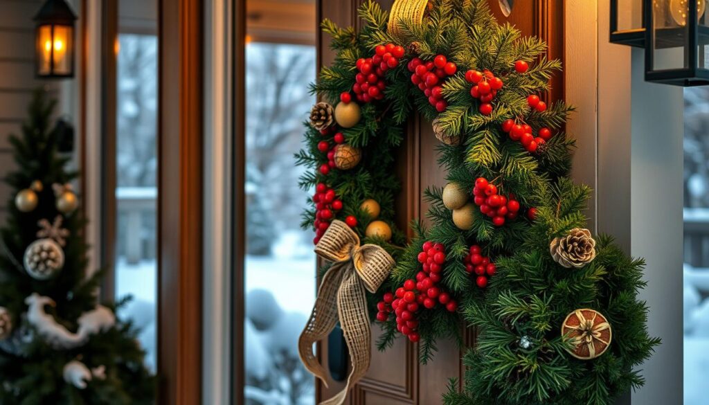 A cozy, rustic Christmas wreath adorns the front door, its vibrant red berries and evergreen foliage creating a warm and inviting ambiance. The wreath is handcrafted with natural materials, such as pine cones, dried citrus slices, and a burlap ribbon, giving it a charming, homemade aesthetic. The wreath is illuminated by soft, warm lighting, casting a gentle glow over the porch and creating a festive, welcoming atmosphere. The porch is decorated with lush, oversized greenery garlands, adding depth and texture to the scene. In the background, a snow-dusted winter landscape can be seen, hinting at the joyful, winter wonderland just beyond the front door.