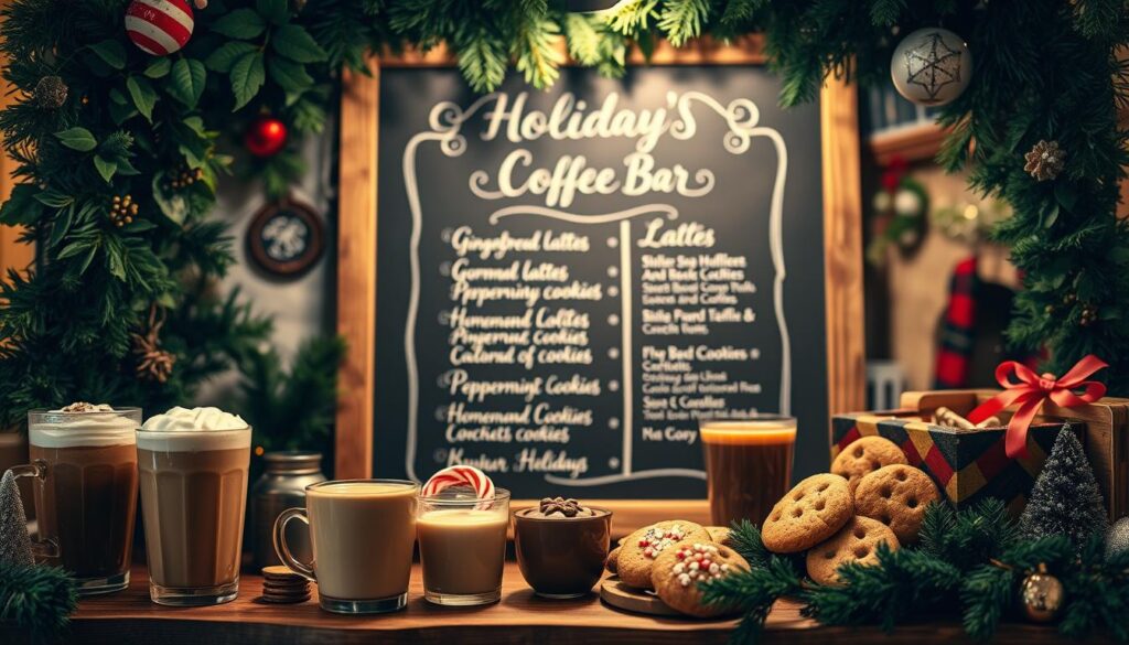 A cozy, rustic holiday coffee bar menu displayed on a chalkboard board, framed by lush greenery and warm lighting. In the foreground, an assortment of seasonal coffee drinks and treats, including gingerbread lattes, peppermint mochas, and homemade holiday cookies. The middle ground features a chalkboard menu with elegant calligraphy, listing the festive offerings. The background showcases a charming, winter-themed backdrop, such as a snowy scene or a cozy fireplace, creating a inviting and cheerful atmosphere. The lighting is soft and warm, casting a golden glow over the entire scene, evoking the comforting spirit of the holiday season.