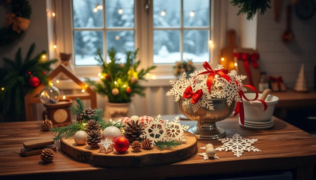 A cozy, rustic kitchen counter set with an array of homemade Christmas decorations. In the foreground, a wooden platter displays festive ornaments, pinecones, and sprigs of fresh greenery. In the middle ground, a vintage mixing bowl overflows with hand-crafted paper snowflakes and ribbons. Fairy lights gently illuminate the scene, casting a warm, inviting glow. In the background, framed by a large window, a snow-covered landscape is visible, creating a sense of seasonal tranquility. The overall atmosphere is one of charming DIY craftsmanship and holiday cheer.