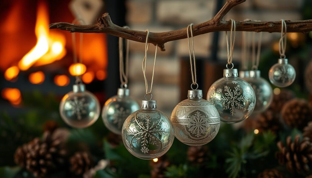 A cozy, rustic scene featuring a collection of handmade holiday ornaments. In the foreground, an assortment of delicate glass baubles, each adorned with intricate patterns and a vintage, distressed finish. Hanging from a gnarled, wooden branch in the middle ground, these ornaments capture the essence of timeless, homespun charm. In the background, a soft, warm glow emanates from a fireplace, casting a gentle, nostalgic light across the scene. Hints of natural elements, such as pinecones and sprigs of holly, add to the overall sense of timeless, old-world elegance. Photographed with a shallow depth of field, the image evokes a sense of intimate, inviting warmth, perfectly suited to a vintage-inspired Christmas decor feature.
