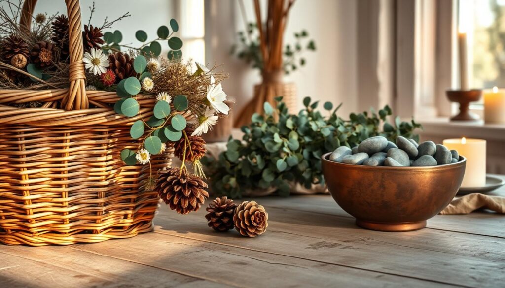 A cozy, rustic scene of natural elements and warm, earthy tones. In the foreground, a woven wicker basket overflows with pinecones, dried flowers, and twigs. Backlit by soft, golden light, the basket casts gentle shadows on a worn, wooden surface. In the middle ground, a bundle of fragrant eucalyptus and a tarnished copper bowl filled with river stones create a simple, elegant display. The background features a textured, whitewashed wall, with the warm glow of candlelight visible through a window, conveying a sense of hygge and holiday cheer. The overall mood is one of natural beauty, simplicity, and a celebration of the season.