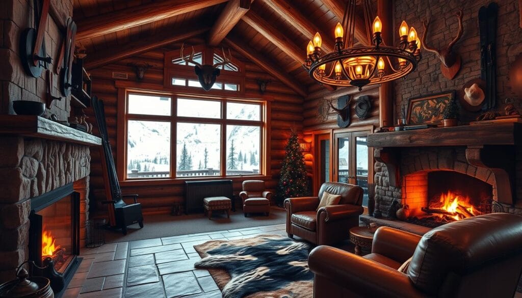 A cozy, rustic ski lodge interior with a warm, inviting atmosphere. In the foreground, a stone fireplace with a crackling fire, surrounded by plush leather armchairs and a bearskin rug. The middle ground features wooden log walls, adorned with vintage ski equipment, mounted antlers, and a large, ornate chandelier casting a soft, golden glow. In the background, a panoramic window overlooks a snowy mountain landscape, with a hint of twinkling string lights peeking through.