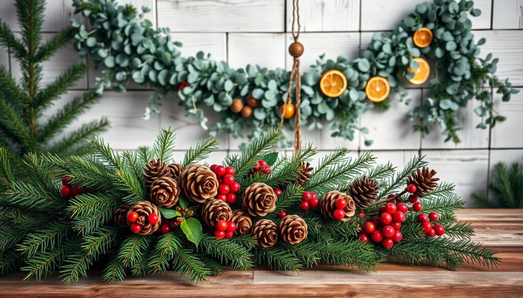 A cozy, rustic winter scene featuring a lush arrangement of natural greenery and pinecones. In the foreground, a cluster of pine branches, fir sprigs, and holly leaves spill across a wooden tabletop, their deep greens and crimson berries catching the soft, warm light. Pinecones of various sizes are interspersed throughout, adding organic texture. In the middle ground, a garland of eucalyptus and dried citrus slices drapes gracefully, its silvery-green hues complementing the deeper tones. The background reveals a wall of weathered, whitewashed wood panels, evoking a sense of cabin-like comfort and charm. The overall mood is one of simple, natural elegance - a peaceful, inviting display that celebrates the beauty of the winter season.