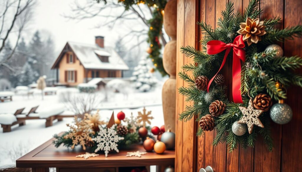 A cozy, rustic winter scene featuring various DIY holiday decoration projects. In the foreground, a beautifully crafted wreath of evergreen branches, pinecones, and a red ribbon hangs on a wooden door. In the middle ground, a table displays an assortment of homemade ornaments, including snowflakes made from popsicle sticks and glittering glass balls. In the background, a lightly snowing landscape with a picturesque country house and trees dusted in white. Warm, soft lighting creates a welcoming, festive atmosphere. Photograph this scene with a wide-angle lens to capture the full scope of the DIY projects.