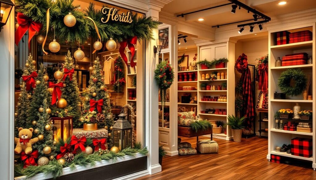 A cozy seasonal color scheme boutique with a warm, inviting atmosphere. The storefront features large display windows showcasing an elegant arrangement of holiday decor in a cohesive palette of deep reds, forest greens, and rich golds. Lush garlands, shimmering ornaments, and twinkling string lights create a sense of festive wonder. Inside, the boutique has a rustic-chic ambiance with wooden floors, whitewashed shelves, and soft lighting that casts a gentle glow. Carefully curated seasonal merchandise is artfully displayed, complemented by tasteful props like vintage lanterns, pinecones, and plaid textiles. The overall scene evokes a charming winter wonderland, inspiring visitors to immerse themselves in the magic of the holidays.