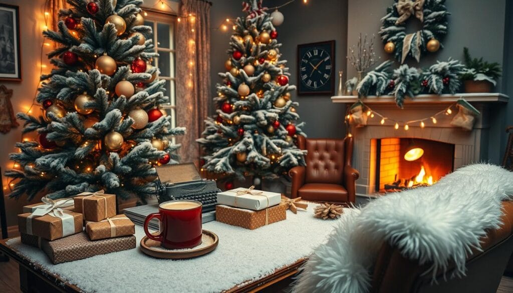 A cozy, snow-dusted workspace draped in twinkling string lights, with a towering evergreen tree adorned in shimmering ornaments and a crackling fireplace casting a warm glow. On the desk, a mug of steaming hot cocoa, a stack of neatly wrapped gifts, and a vintage typewriter partially obscured by a fluffy white blanket. In the corner, a pair of leather armchairs invites you to sink in and enjoy the serene, winter wonderland atmosphere. Soft, diffused lighting bathes the scene in a magical, merry ambiance, captured through the lens of a wide-angle camera.