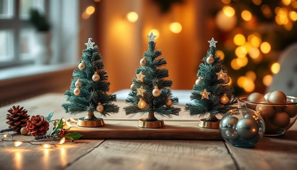 A cozy tabletop scene featuring a trio of miniature Christmas trees adorned with delicate ornaments and soft lighting. The trees are arranged on a rustic wooden surface, surrounded by festive decorations like pinecones, holly sprigs, and a bowl overflowing with shimmering baubles. Warm, golden illumination from string lights casts a gentle glow, creating a charming and inviting atmosphere. The camera angle is slightly elevated, capturing the scene from an eye-level perspective that showcases the whimsical details. The overall mood is one of holiday cheer and domestic comfort, perfect for evoking the spirit of the season.