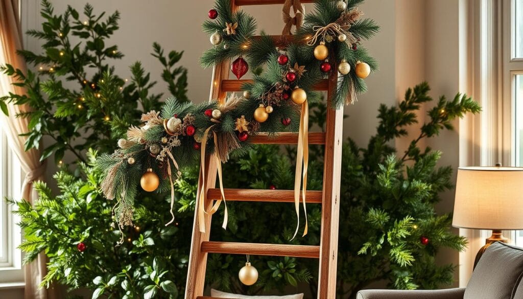 A cozy textile ladder adorned with festive garlands, twinkling string lights, and an array of ornaments, creating a warm and inviting focal point in the living room. The wooden ladder stands tall against a backdrop of lush, verdant foliage, bathed in soft, natural lighting that casts a gentle glow on the textures and colors. Delicate baubles and ribbons cascade down the rungs, adding a touch of whimsical elegance to the scene. The overall atmosphere is one of holiday cheer and rustic charm, perfectly capturing the spirit of the season and the essence of the "Christmas Ladder Decor" theme.