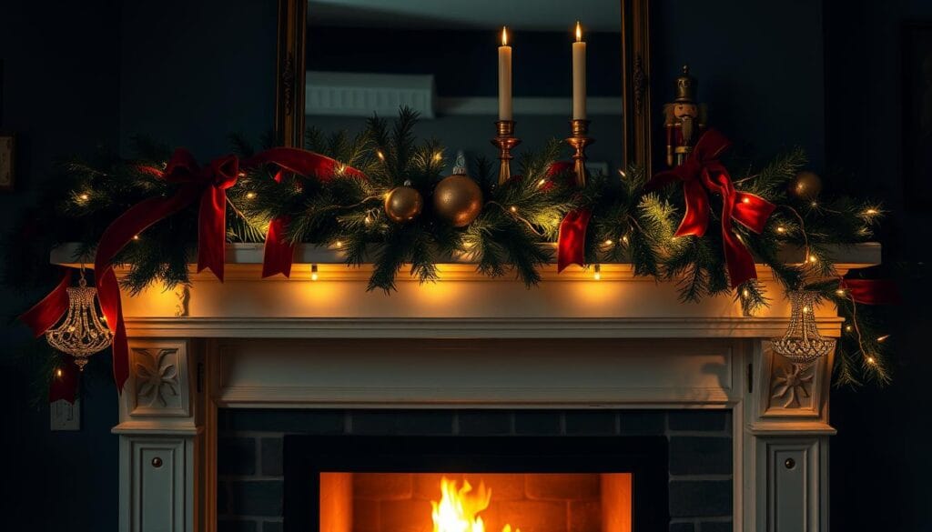 A cozy, vintage holiday mantel in a dimly lit living room. A focal point of the space, adorned with a lush garland of evergreen, red velvet ribbons, and twinkling string lights. Atop the mantel, a collection of antique brass candlesticks, a vintage glass ornament, and a wooden nutcracker figurine. The fireplace below casts a warm, amber glow, reflected in the polished brass accents. The mantel's distressed, whitewashed wood frame contrasts with the rich, jewel-toned decorations, creating a nostalgic, rustic-chic ambiance. Soft shadows and highlights from the candlelight flicker across the scene, heightening the sense of coziness and holiday charm.