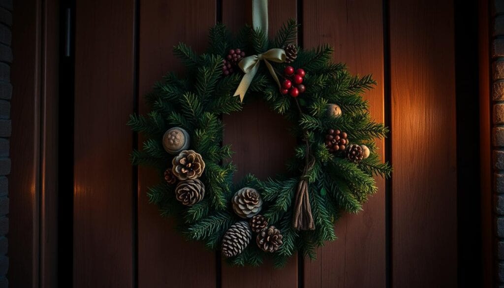 A cozy, vintage-inspired holiday wreath hangs on a rustic wooden door, illuminated by the warm glow of candlelight. The wreath features a lush arrangement of evergreen foliage, pinecones, and a mix of natural elements like dried berries, twigs, and a touch of ribbon. The lighting creates a soft, atmospheric ambiance, casting gentle shadows and highlighting the textural details of the wreath. The scene evokes a sense of timeless charm and invites the viewer to step into a cozy, welcoming winter wonderland.