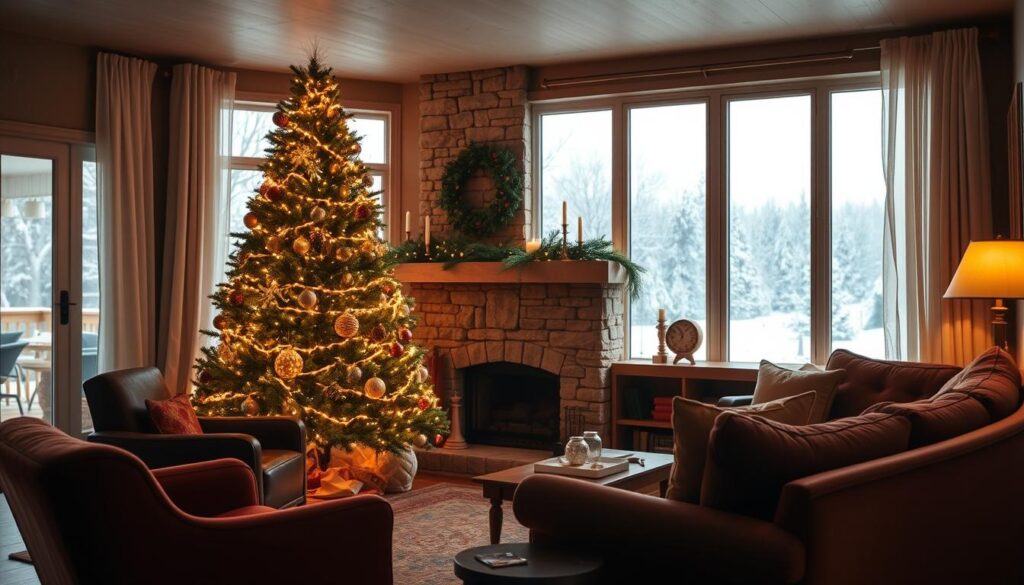 A cozy vintage-modern living room bathed in warm holiday lighting. In the foreground, a mid-century modern Christmas tree adorned with twinkling string lights, vintage glass ornaments, and natural elements like pinecones. Surrounding the tree, plush velvet armchairs and a tufted sofa in muted jewel tones. The middle ground features a stone fireplace mantel decorated with candles, sprigs of evergreen, and antique brass candlesticks. In the background, large windows overlooking a snowy winter landscape, with sheer curtains billowing softly. The overall mood is one of festive elegance and timeless comfort.