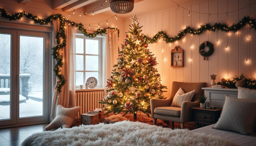A cozy, warm-lit bedroom scene with a focal point of a beautifully decorated Christmas tree surrounded by twinkling fairy lights and string lights cascading from the ceiling. Soft, diffused lighting creates a magical, intimate ambiance, with highlights on plush textiles, garlands, and ornaments. The tree is adorned with a mix of classic and modern ornaments, casting a gentle glow across the space. In the foreground, a fluffy white rug and armchair invite coziness, while the background features a glimpse of a snowy winter landscape through a frosted window. The overall atmosphere is one of festive enchantment, perfect for evoking the joy of the holiday season.