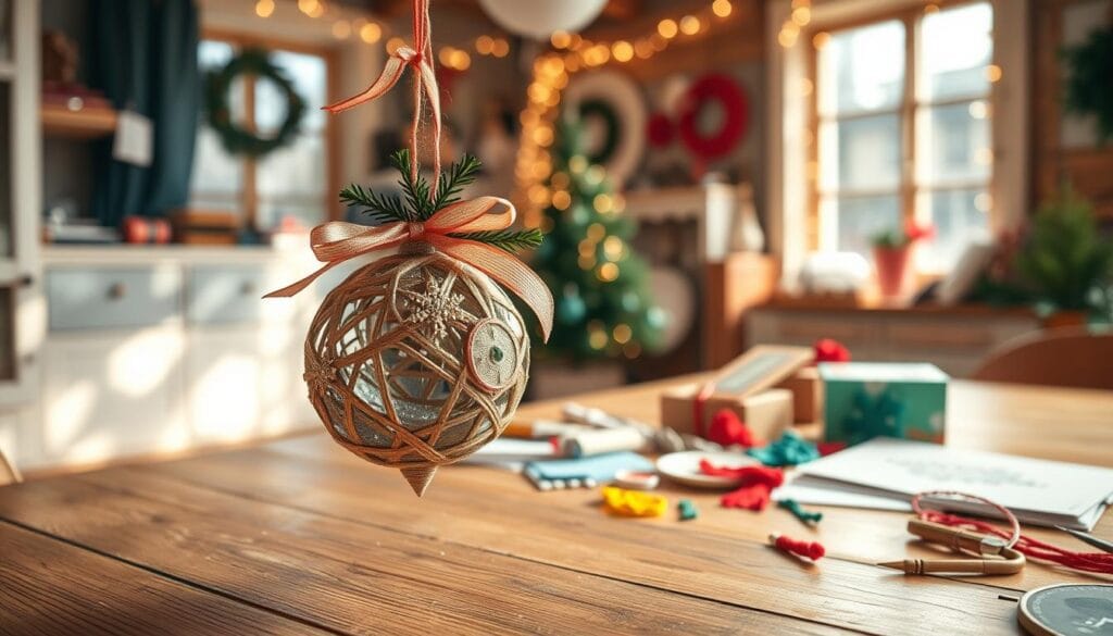 A cozy, warm-lit home studio filled with natural light, showcasing a personalized holiday craft project. In the foreground, a wooden table displays an intricate handmade ornament, adorned with delicate ribbons, pine sprigs, and a sprinkling of glitter. In the middle ground, a selection of craft supplies - colorful papers, embroidery floss, and holiday-themed embellishments - are neatly arranged, inviting the viewer to create their own unique decoration. The background features a festive backdrop, perhaps a rustic wooden wall or a string of twinkling fairy lights, setting the scene for a heartwarming, homemade holiday display.
