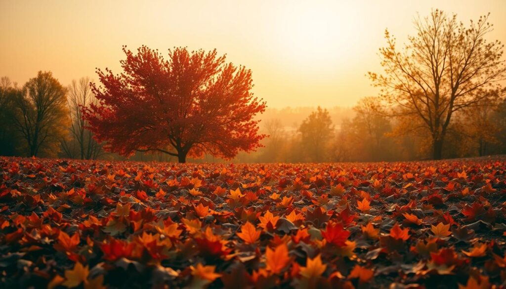 A cozy, warm-toned autumn palette, capturing the vibrant hues of the season. In the foreground, an abundance of fallen leaves in a harmonious blend of russet, ochre, and crimson, carpeting the ground. In the middle ground, a cluster of maple trees ablaze with fiery reds and oranges, their branches casting gentle shadows. The background features a softly hazy, golden-hour sky, infusing the scene with a tranquil, reflective atmosphere. Warm lighting from the setting sun bathes the landscape, creating a sense of inviting comfort and coziness. The overall composition evokes a serene, autumnal ambiance, perfect for evoking the essence of the fall aesthetic.