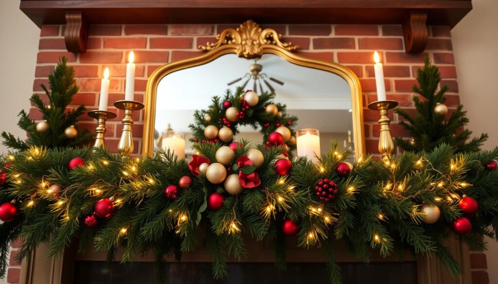 A cozy, well-appointed fireplace mantel adorned with a vibrant assortment of festive decor. In the foreground, a lush, fragrant garland cascades elegantly, interspersed with twinkling string lights and ornaments that catch the warm glow of the fireplace. Flanking the center, a pair of elegant candlesticks flicker softly, casting a gentle ambiance. In the middle ground, an ornate, gilded mirror reflects the scene, amplifying the sense of grandeur. The background features a stately brick fireplace with a sturdy wooden mantel, framing the display perfectly. The overall atmosphere is one of refined holiday elegance, inviting viewers to pause and savor the season.