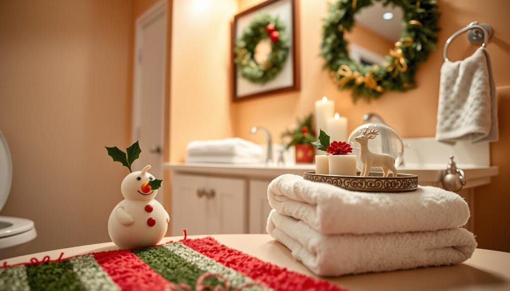 A cozy, well-lit bathroom adorned with festive Christmas decor items. In the foreground, a plush red and green striped bath mat, a decorative soap dispenser in the shape of a snowman, and a stack of fluffy white towels topped with a sprig of holly. On the vanity, a decorative tray holding scented candles, a snow globe, and a silver reindeer figurine. The walls are painted a warm, inviting shade of beige, with a large framed wreath hanging above the sink. Soft, ambient lighting casts a gentle glow throughout the space, creating a serene and inviting atmosphere perfect for a relaxing holiday bath.